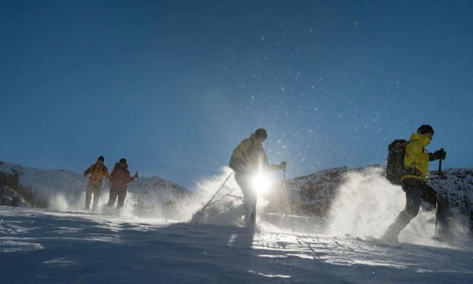 Four snowshoers kicking up powder snow on a slope against a bright light