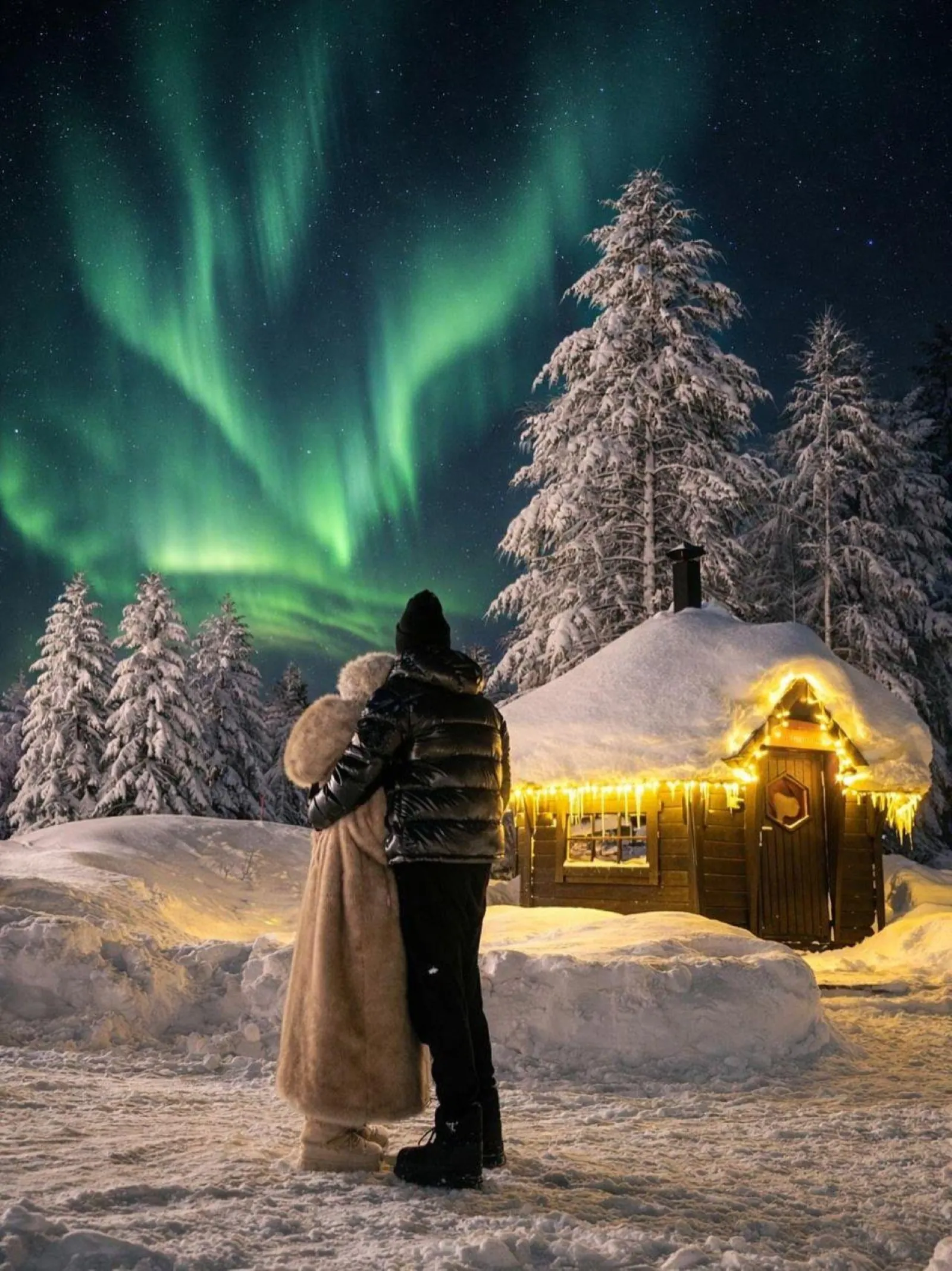 Two guests embracing in deep snow beside a lit log hut under green aurora