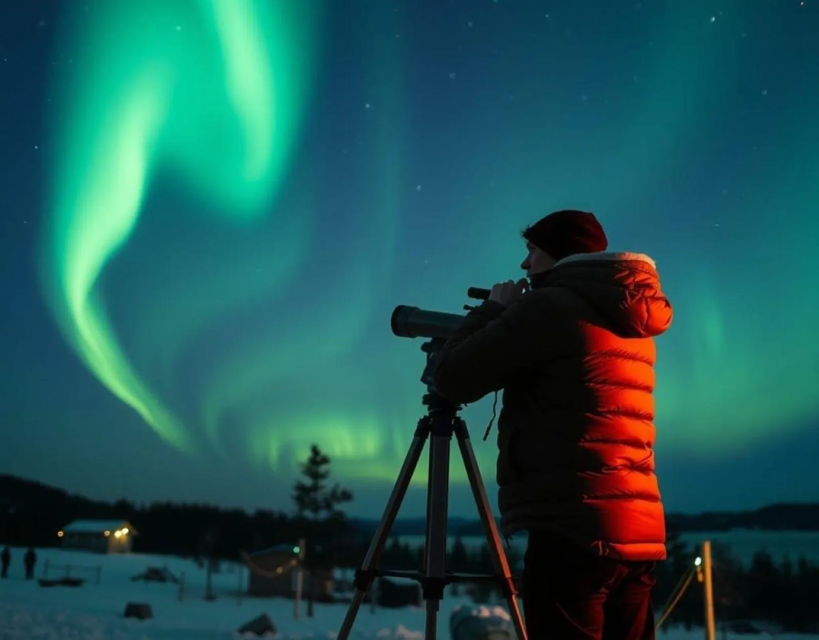 A guest looking through a telescope on a tripod under swirling green aurora