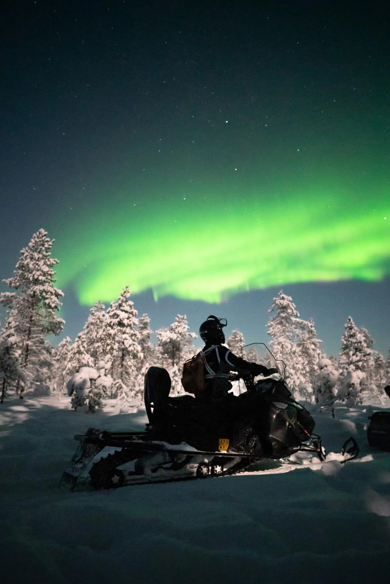 A helmeted rider on a stopped snowmobile beneath a green aurora and snowy pines